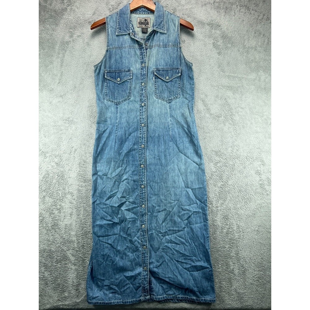 Vintage 90s RARE Levis Silver Tab Denim Dress Snap Front Long Womens Medium Blue